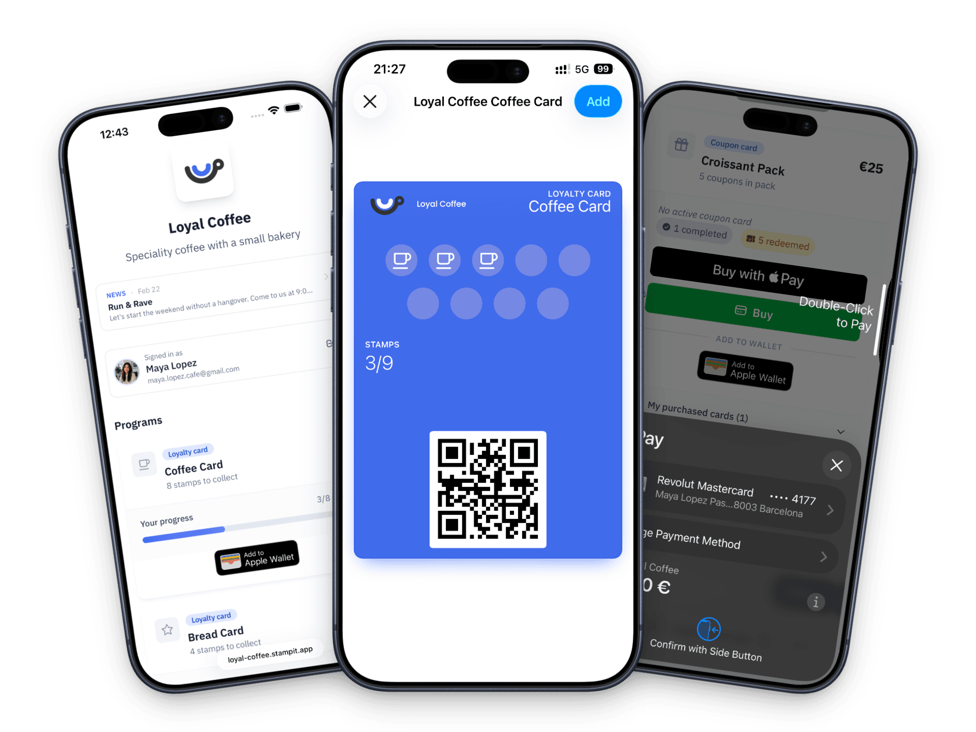 Stampit partner page and loyalty card on iPhone screens